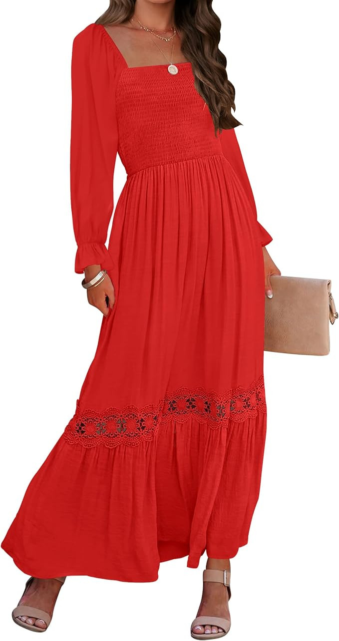 ZESICA Women's Boho Long Sleeve Square Neck Smocked High Waist Flowy A Line Lace Trim Maxi Dress | Amazon (US)