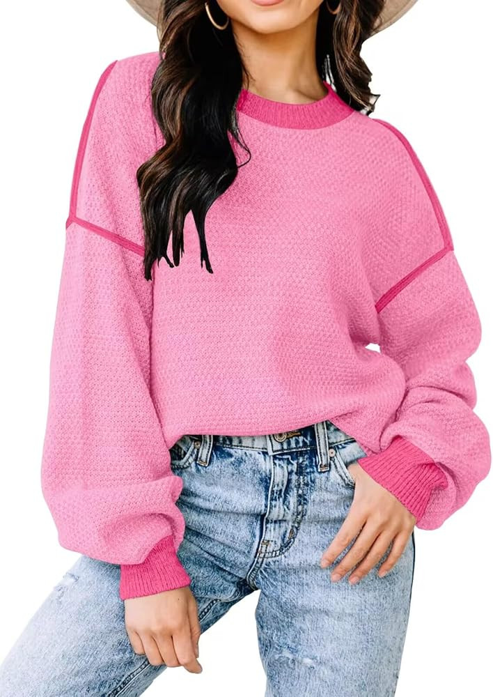 Womens Sweaters Fall 2025 Fashion Long Sleeve Color Block Oversized Sweater Trendy Casual Crew Ne... | Amazon (US)