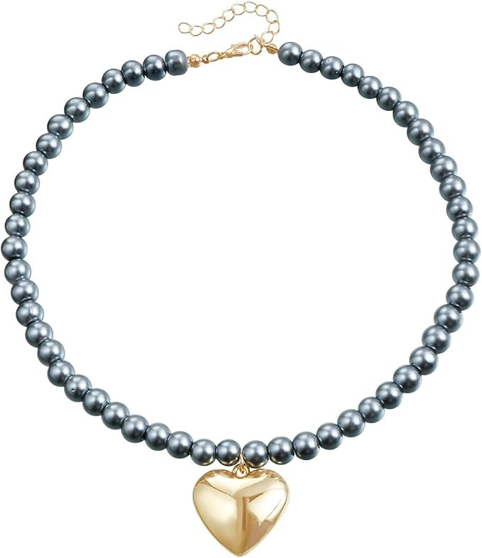 Fashion Jewelry Gray Handmade Beaded Clavicle Chain Fashion Simple Love Pendant Necklace | Amazon (US)