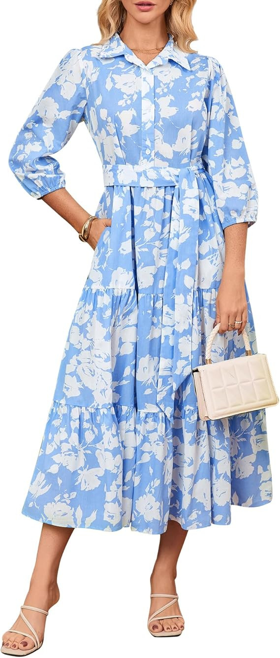 Kedera Womens 3/4 Sleeve Tiered Maxi Dresses Casual Button Down Tie Waist Flowy Shirt Midi Dresse... | Amazon (US)