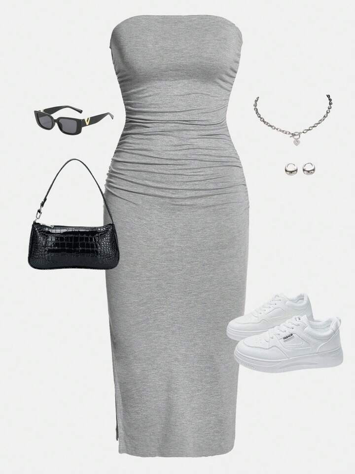 SHEIN Girlism Abito A Tinta Unita Stile Lavorato A Maglia Per Ragazze Adolescenti Con Arricciatura Sul Fondo E Spacco Laterale | SHEIN