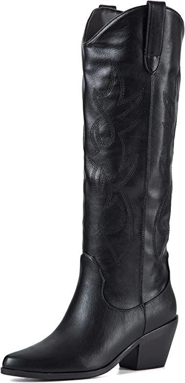 ZXHYZLZ Women's Cowboy Boots Knee High Seam Mid Heel Block Heel Almond Pointed Toe Fashion Classi... | Amazon (US)