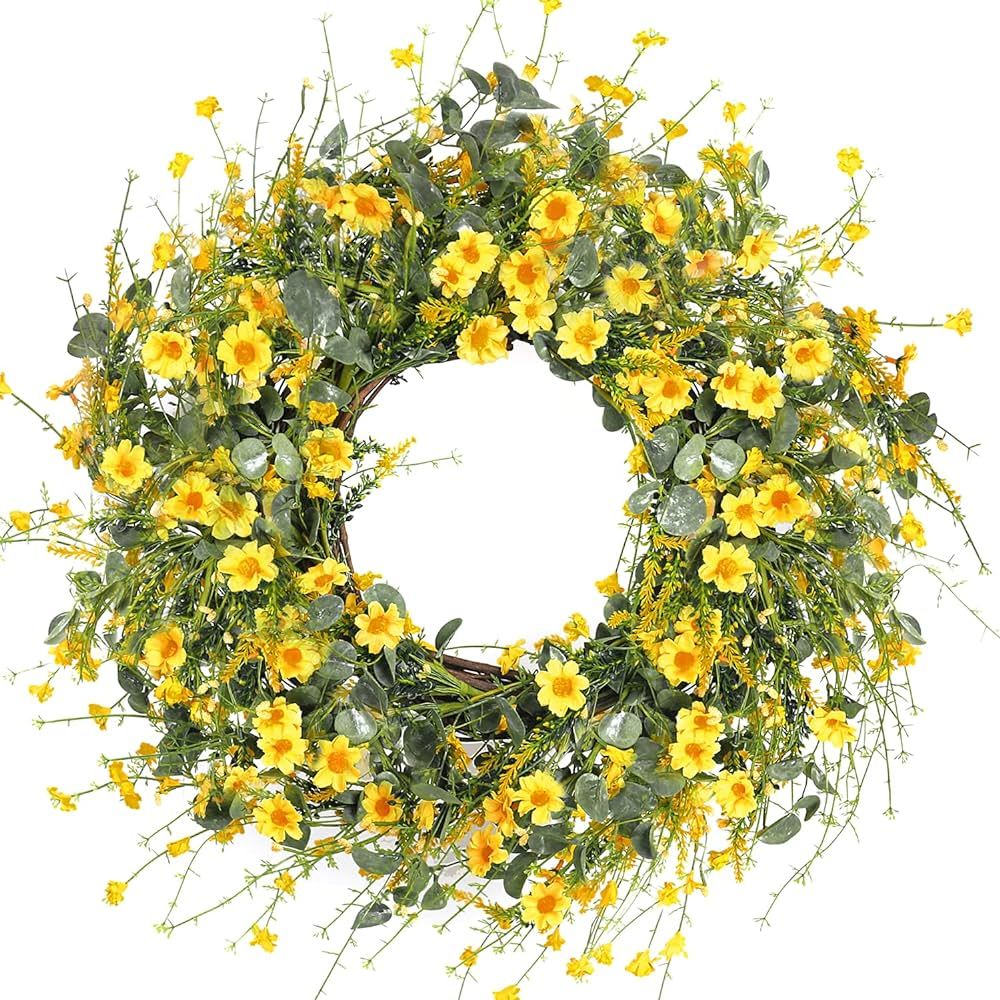 Sggvecsy Yellow Daisy Wreath 24 Inch Spring Summer Wreath Fake Silk Floral Wreath with Green Euca... | Amazon (US)