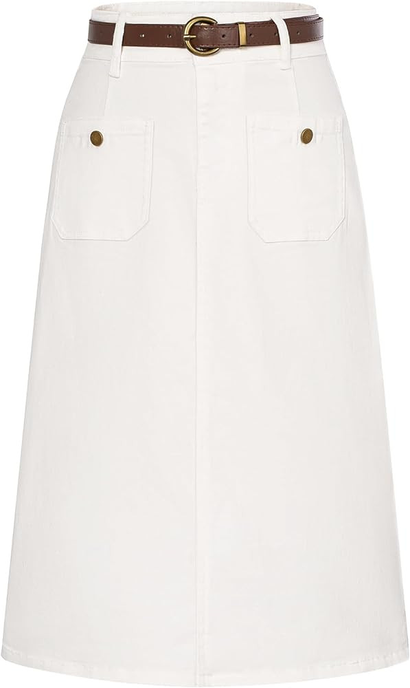 Belle Poque Denim Skirt with Belt Below Knee Length High Waisted Jean Skirts for Women | Amazon (US)