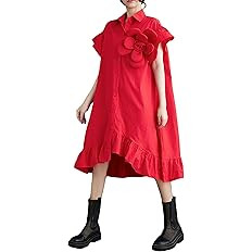 ellazhu Women's Dress Loose Irregular Ruffle Hem Flower Button Down V-Neck Short Sleeve Shirt GZ2... | Amazon (US)