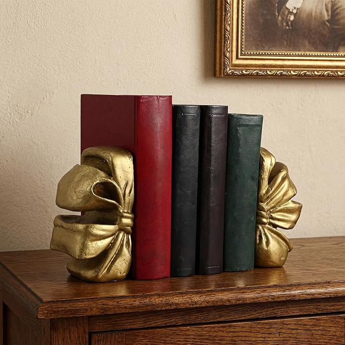 Vintage Gold Bow Bookend Set of 2 Heavy Duty Decorative Bowknot Book Ends Resin Bookends with Non... | Amazon (US)