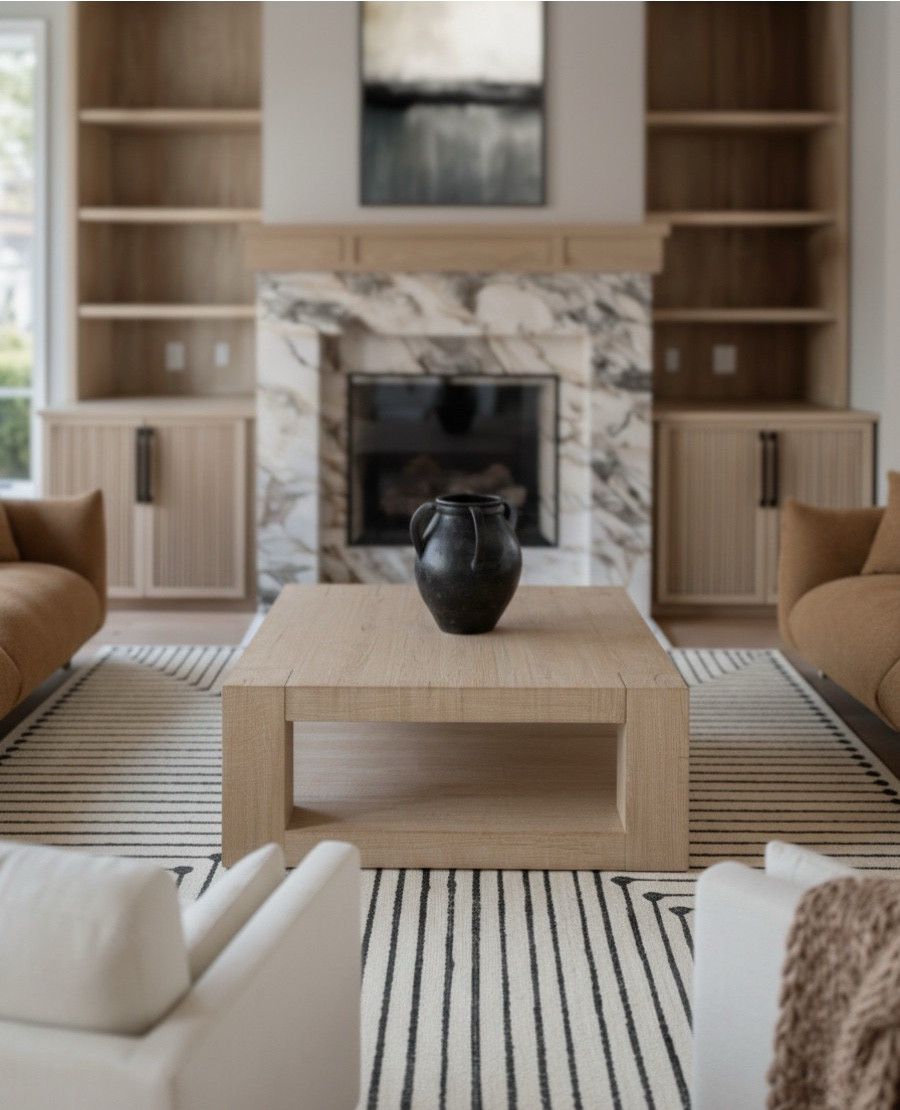 This coffee table is the heart of this living room. Its clean lines and natural grain add warmth against the modern marble fireplace and graphic rug. Styled simply with a textural black vase, this setup proves that minimalism can still feel layered and inviting.

Shop the look:
Light oak coffee table | Marble fireplace | Black ceramic vase | Striped neutral rug | Camel boucle sofa | Modern living room decor 

#LTKHome #LTKSaleAlert