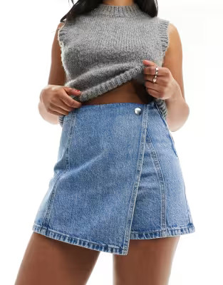 Stradivarius denim wrap skort in medium wash | ASOS (Global)