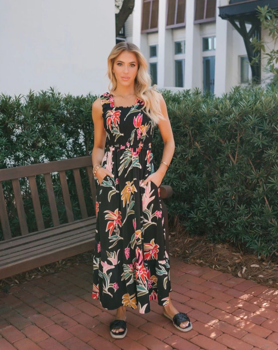 Black Print Smocked Maxi Dress | Magnolia Boutique