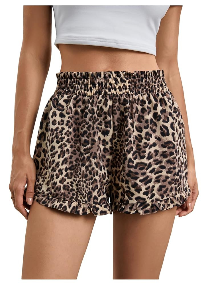 MakeMeChic Women's Gingham Ruffle Boxer Shorts Elastic High Waist Pajamas Lounge Shorts | Amazon (US)