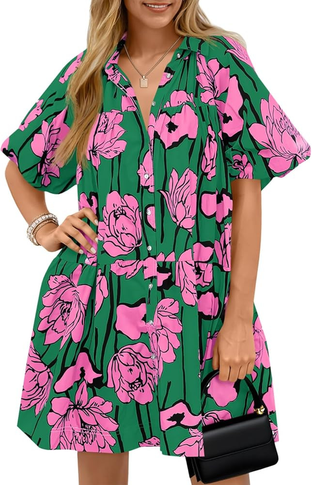 Wenrine Women's Summer Button Down Shirt Dress Floral Puff Short Sleeve Casual Loose Fit Beach Mi... | Amazon (US)