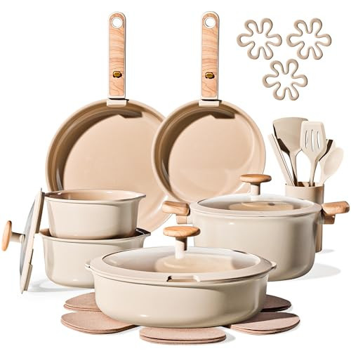 CAROTE 25PCS Ceramic Nonstick Cookware Set, Pots and Pans Set with Detachable Handle, PFAS-Free Non-Toxic, Induction & Oven Safe, Stackable Space-Saving, Taupe | Amazon (US)