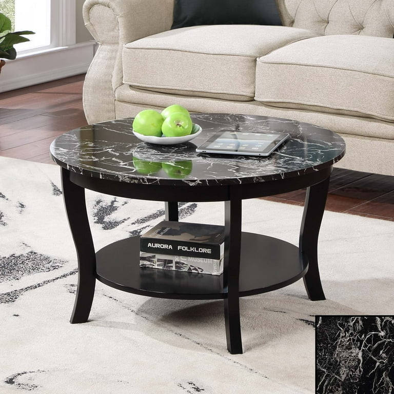 Convenience Concepts American Heritage Round Coffee Table with Shelf, Black Faux Marble/Black | Walmart (US)