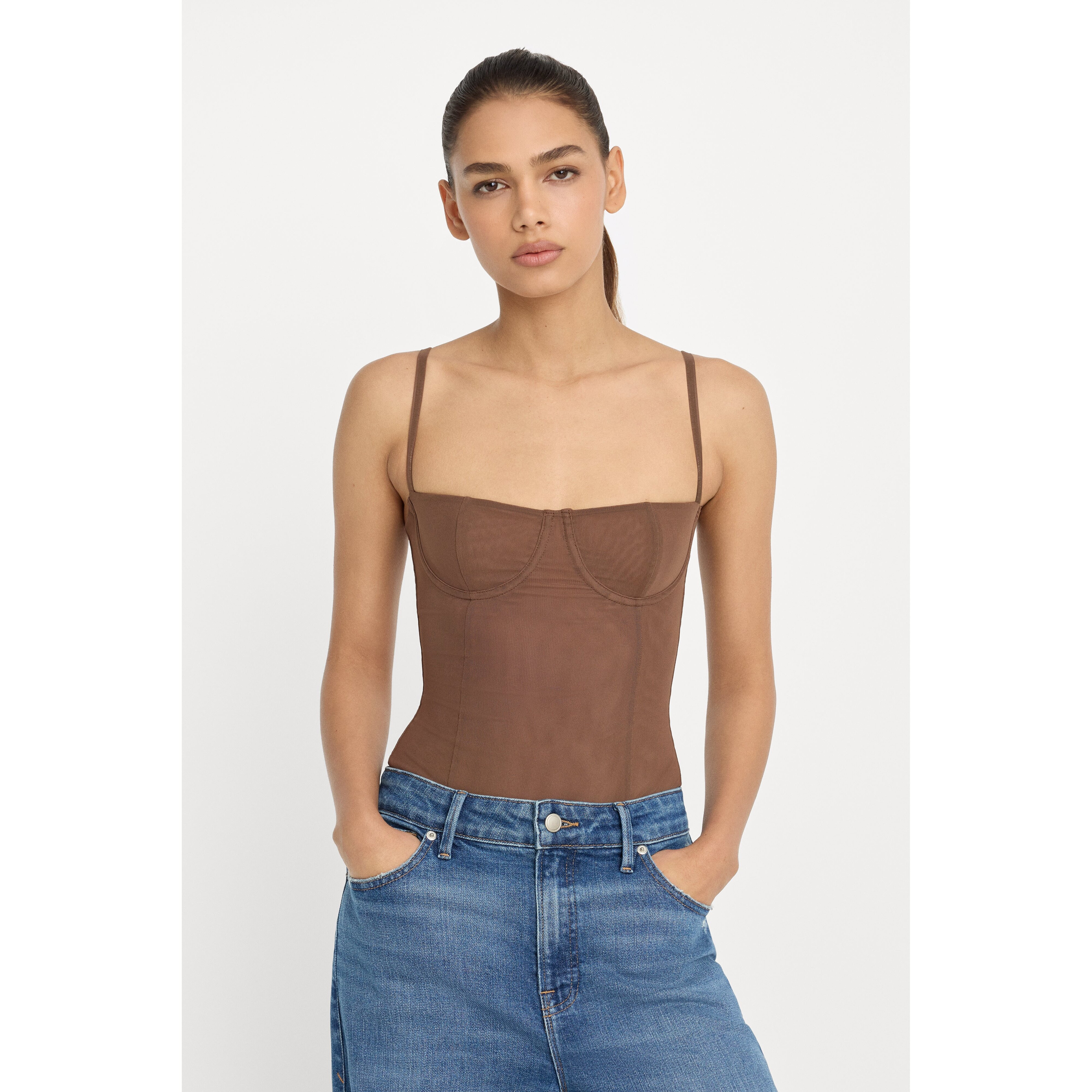 Women's Mesh Bustier Bodysuit | Saddlewood, Size Medium | Good American by Khlo� Kardashian | Good American