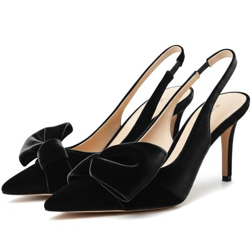 Manoloshow Women's Slingback Pumps Bow Pointed Toe Pumps with Elasticated Strap Pumps for Women 3.3" High Heels Evening Comfy Dress Shoes Velvet Black Size 8.5 | Amazon (US)