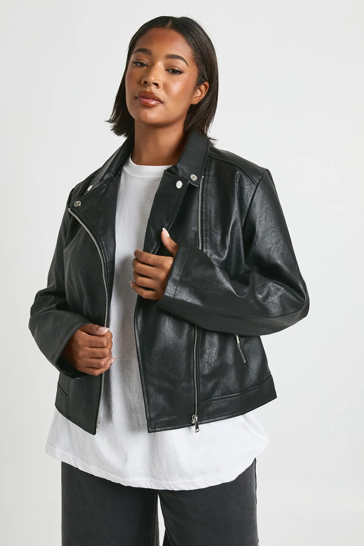 Black Plus Faux Leather Biker Jacket | Boohoo USA | boohoo (US & Canada)
