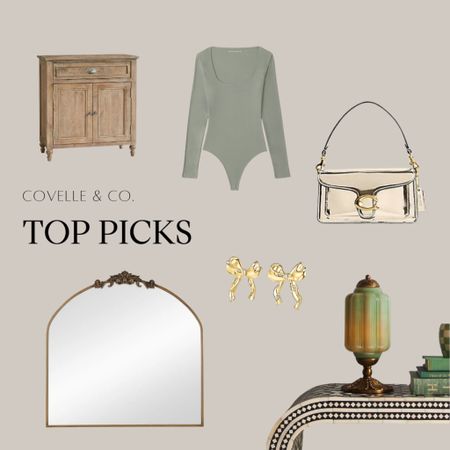 Discover this month's top picks from Covelle and Co., where elegance meets practicality! Our selection features the chic Astoria Storage Cabinet from Pottery Barn, the luminous Eloise Table Lamp from Anthropologie, and the striking Tupac Mirror in Gold from Luna & Georgia. Elevate your home with these stylish pieces.

Extend the sophistication to your wardrobe with our fashion favorites: a cozy Abercrombie & Fitch long sleeve bodysuit in sage, a luxurious gold purse from Coach, and charming dainty bow earrings from Amazon. Perfect for updating your look with a touch of class.

Ready to transform your space and style? Visit our LTK to make these curated items yours. Embrace elegance with Covelle and Co. today! ✨🍸🕊️