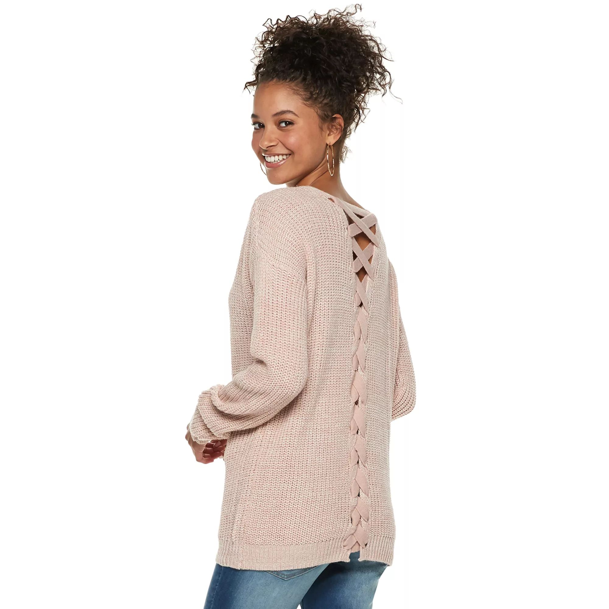 Juniors' SO® Lace-Up Back Sweater | Kohl's