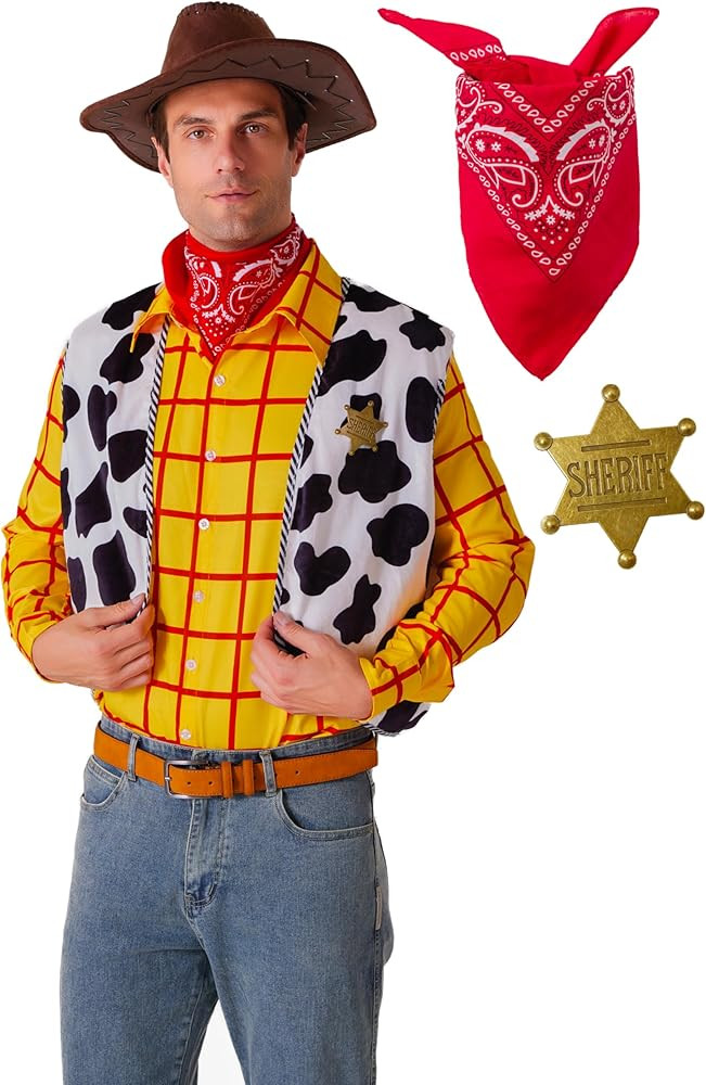 Cowboy Costume for Men with Plaid Shirt, Vest, Neckerchief & Gold Star Metal Badge - Western Outf... | Amazon (US)