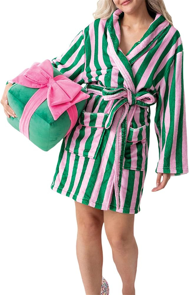 Women Christmas Dressing Gown Flannel Robe Cute Candy Stripe Print Robe Soft Fleece Warm Short Ba... | Amazon (US)