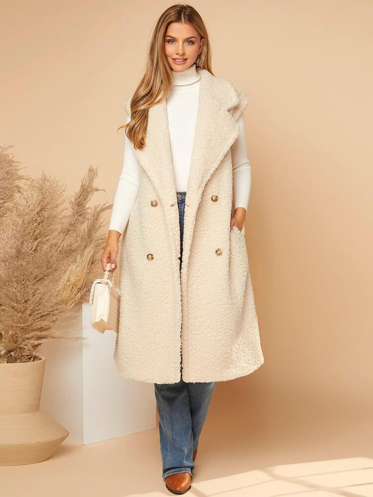 SHEIN Lapel Collar Double Breasted Teddy Vest Coat | SHEIN