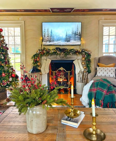Christmas decorating in 1850 farmhouse with rustic elegance and vintage decor. This is the best artificial Christmas tree and garland too. They both look very authentic, full, and gorgeous! 

Garland, Christmas tree, coffee table, throw blanket , throw pillows, faux stems, berry stems, lanterns 

#LTKHoliday #LTKsalealert #LTKhome