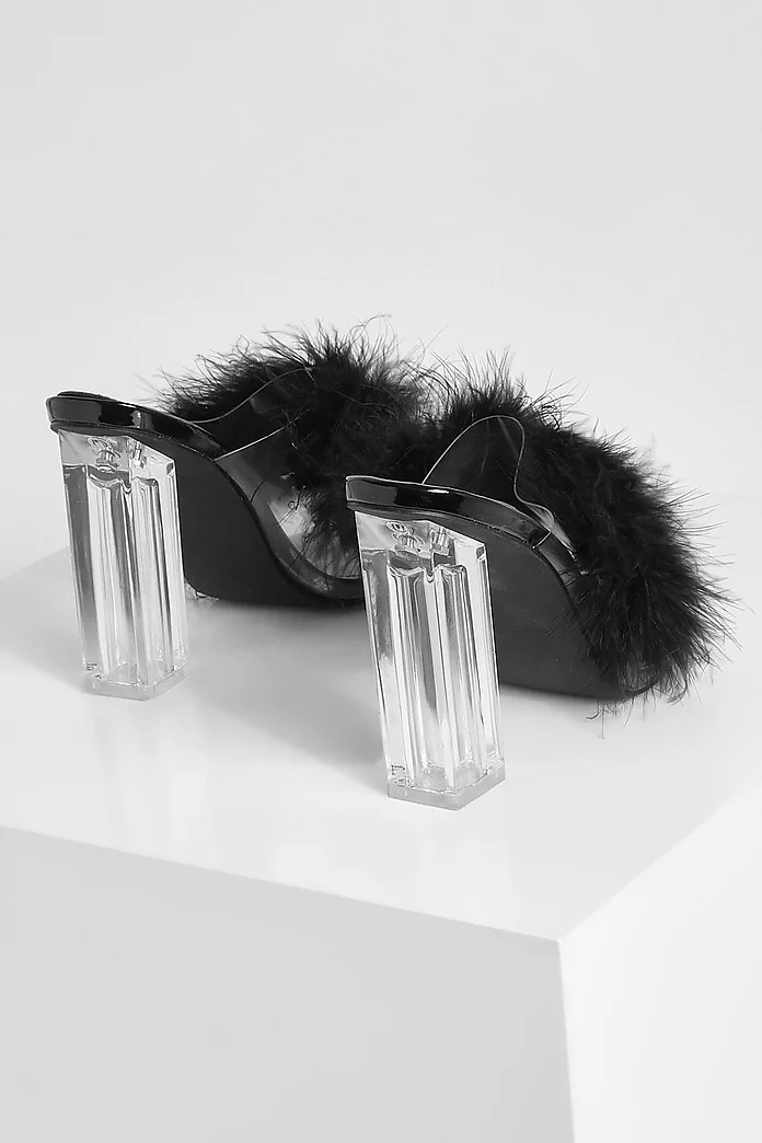 Faux Feather Clear Heel Mule | Boohoo.com (US & CA)