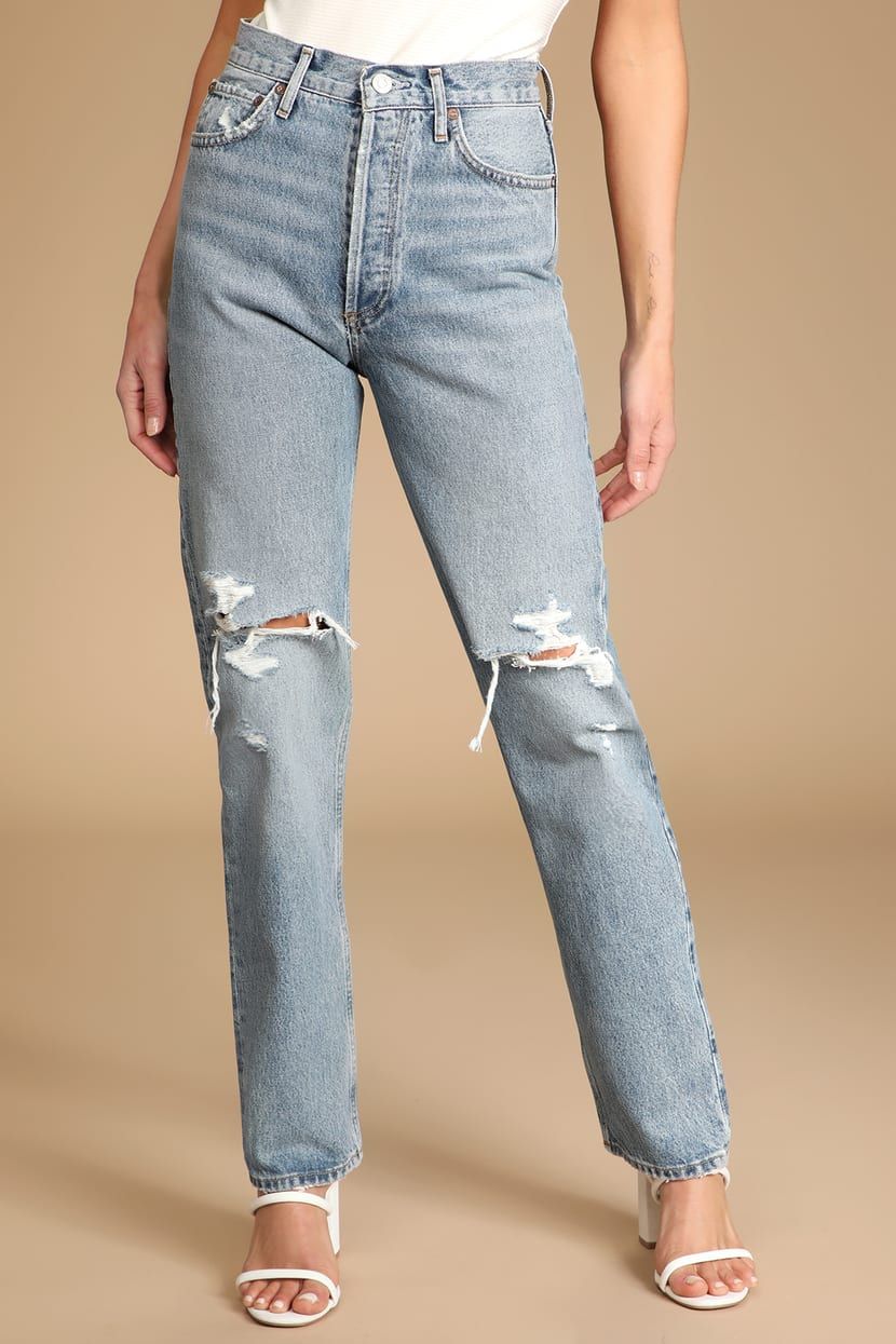 90's Pinch Waist Light Wash Distressed High Rise Straight Jeans | Lulus (US)