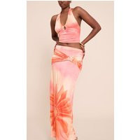 Orange Floral Print Ruched Detail Flowy Maxi Skirts | PrettyLittleThing US