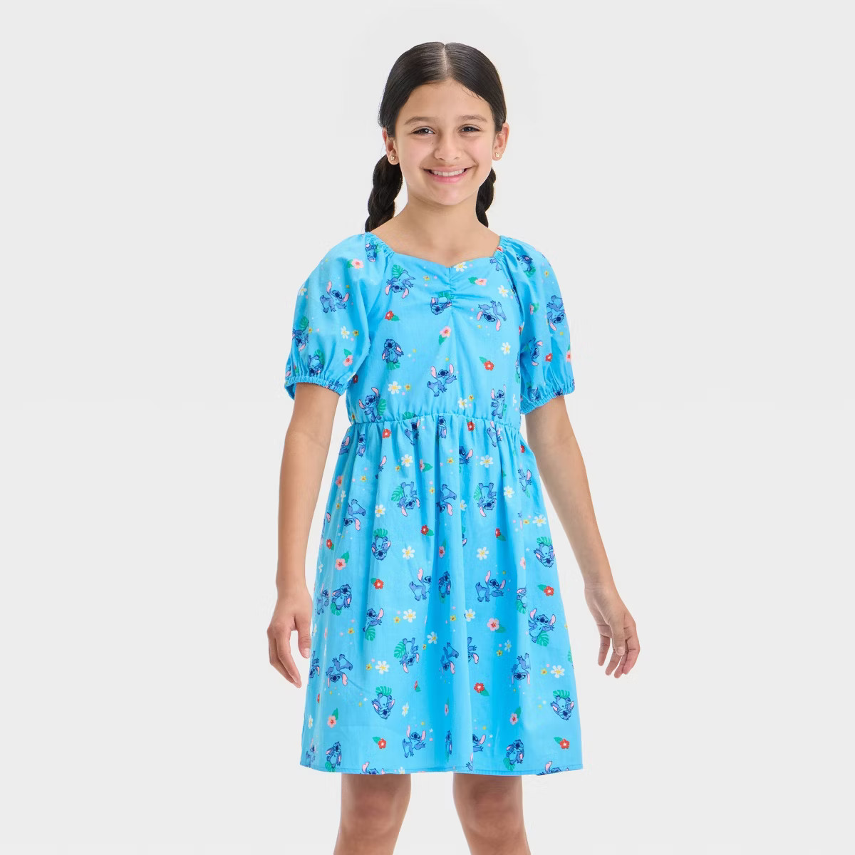 Girls' Lilo & Stitch Ruched Neckline All Over Print Dress - Blue | Target