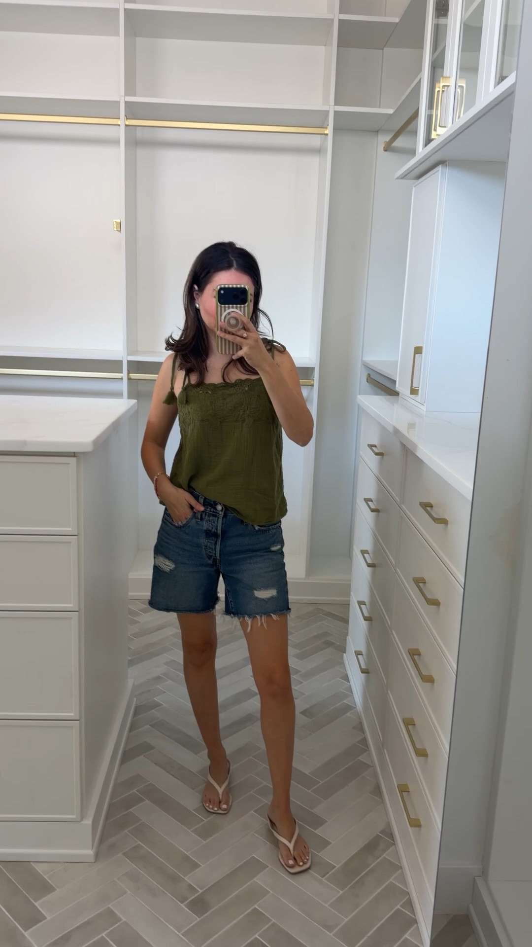 olive girl summer 🫒 top is SO good in person, linked below!

Top XS 
Shorts 25

#LTKootd #LTKPetite