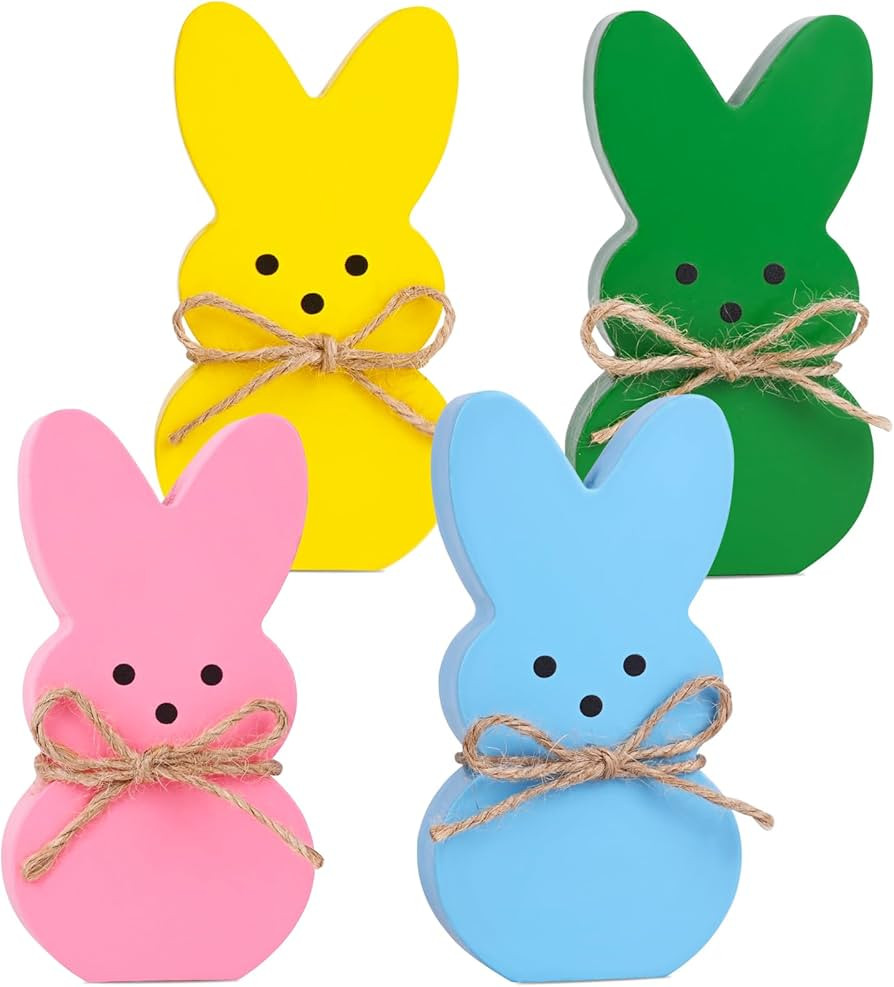 Easter Décor, 4 Pcs Wooden Peep Bunny Decorations for Tiered Tray, Mantel, Farmhouse, Cute Sprin... | Amazon (US)