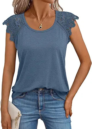 AUTOMET Womens Tops Casual Dressy Lace Summer Tee 2026 Cap Sleeve T Shirts Cute Basic Trendy Fash... | Amazon (US)