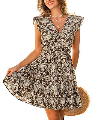 Women's Surplice V-Neck Short-Sleeve Woven Mini Dress | Macy's
