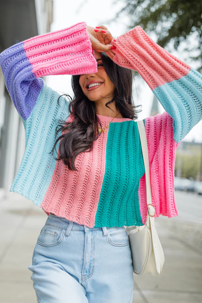 Any Other Way Pink and Blue Color Block Sweater | Pink Lily