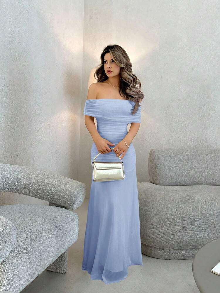 Jemour Women's Off Shoulder Ruched Waist Elegant Wedding Party Dress | SHEIN