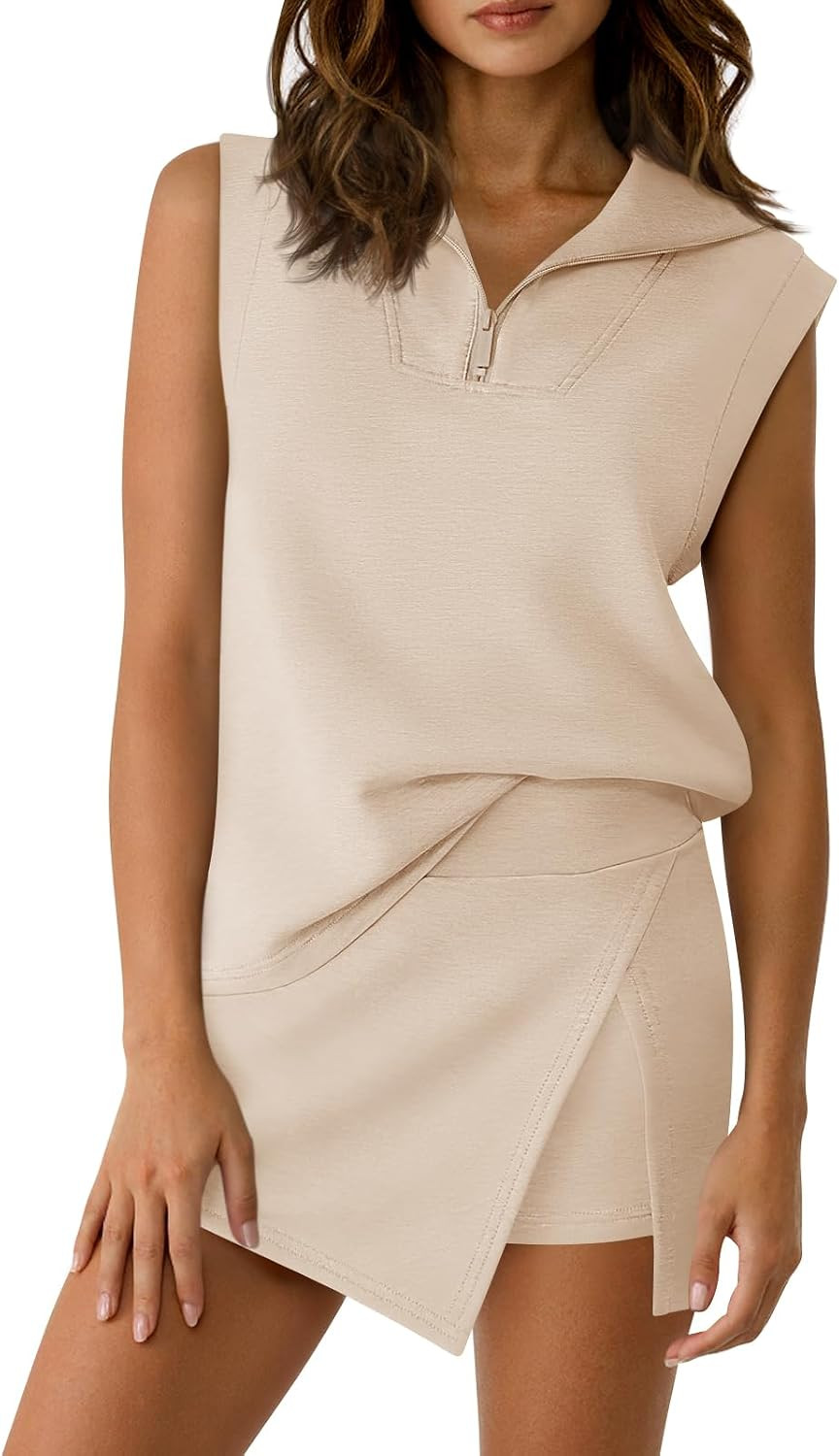 Fisoew Womens 2 Piece Skirt Sets Summer Sleeveless Half Zip Sweatshirt Athletic Skorts Tennis Outfits Casual Sweatsuits | Amazon (US)