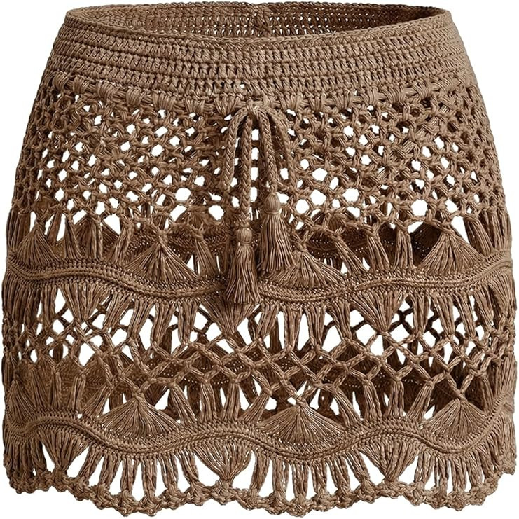 CUPSHE Women Crochet Coverup Skirt Drawstring Knit Mini Skirt Coverup for Swimwear | Amazon (US)