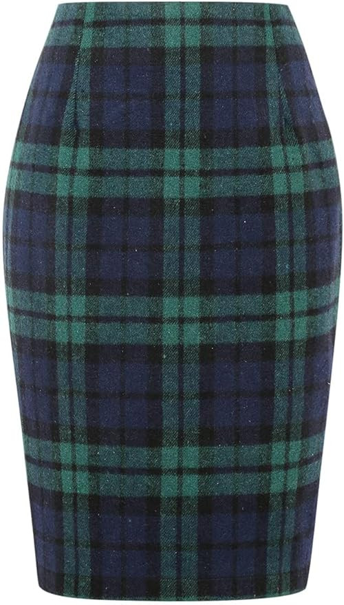 IDEALSANXUN Plaid Skirts for Women Fall Winter Knee Length Pencil Wool Skirt with Slit | Amazon (US)