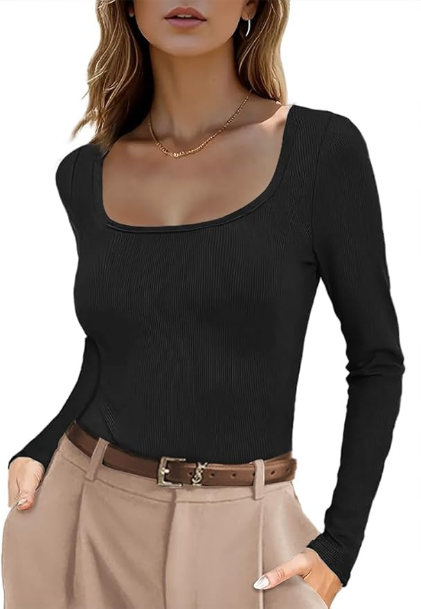 Zeagoo Women's Ribbed Long Sleeve T-Shirts Casual Crew Neck Slim Fit Shirt Soft Stretch Base Laye... | Amazon (US)
