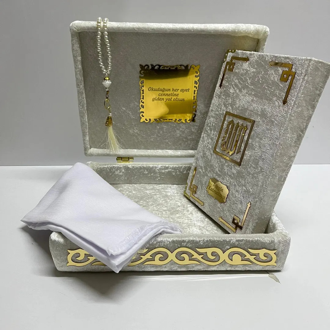 White Personalized Quran Gift Set in Velvet Box | Medium Size Arabic Quran Pearl Tasbeh and Hijab... | Etsy (US)