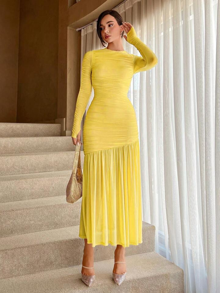 SHEIN Aloruh Women's Round Neck Pleated Ruffle Hem Long Sleeve Dress For Summer | SHEIN