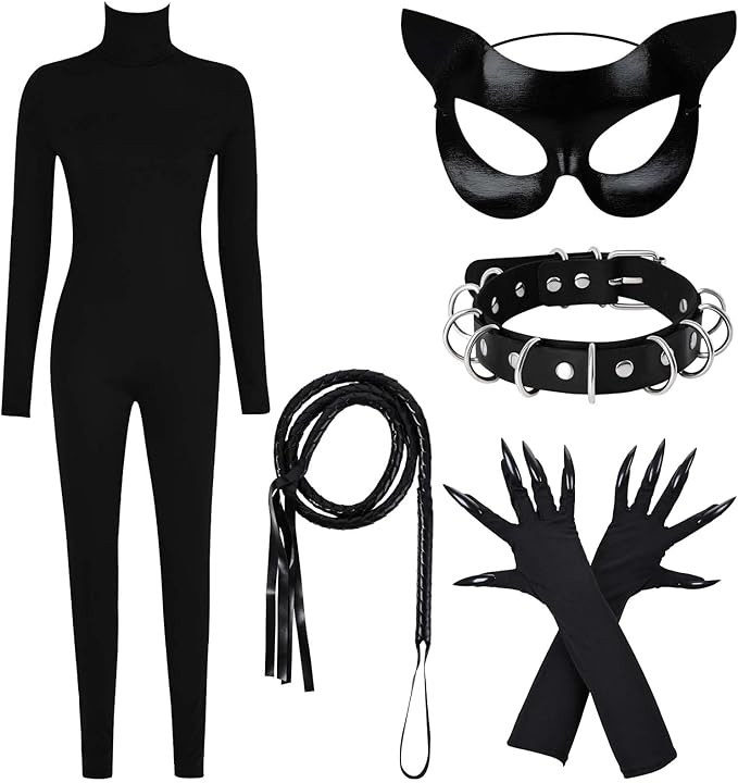 Black Cat Costume for Women with Black Catsuit Whip Mask Choker Gloves for Adult Halloween Cospla... | Amazon (US)