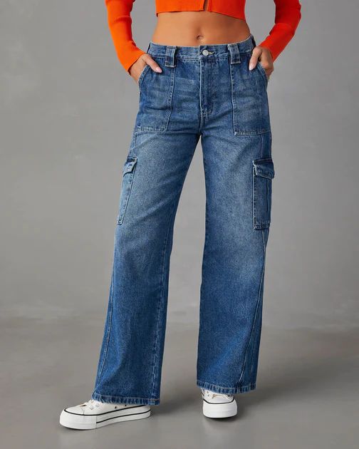 Deela Wide Leg Cargo Jeans - Dark Wash | VICI Collection
