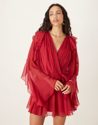 ASOS DESIGN slouchy hip godet mini dress with ruffle sleeve in cherry red | ASOS | ASOS (Global)