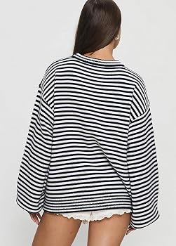 QINSEN Women's Crewneck Oversized Sweater Striped Long Sleeve Pullover Top | Amazon (US)