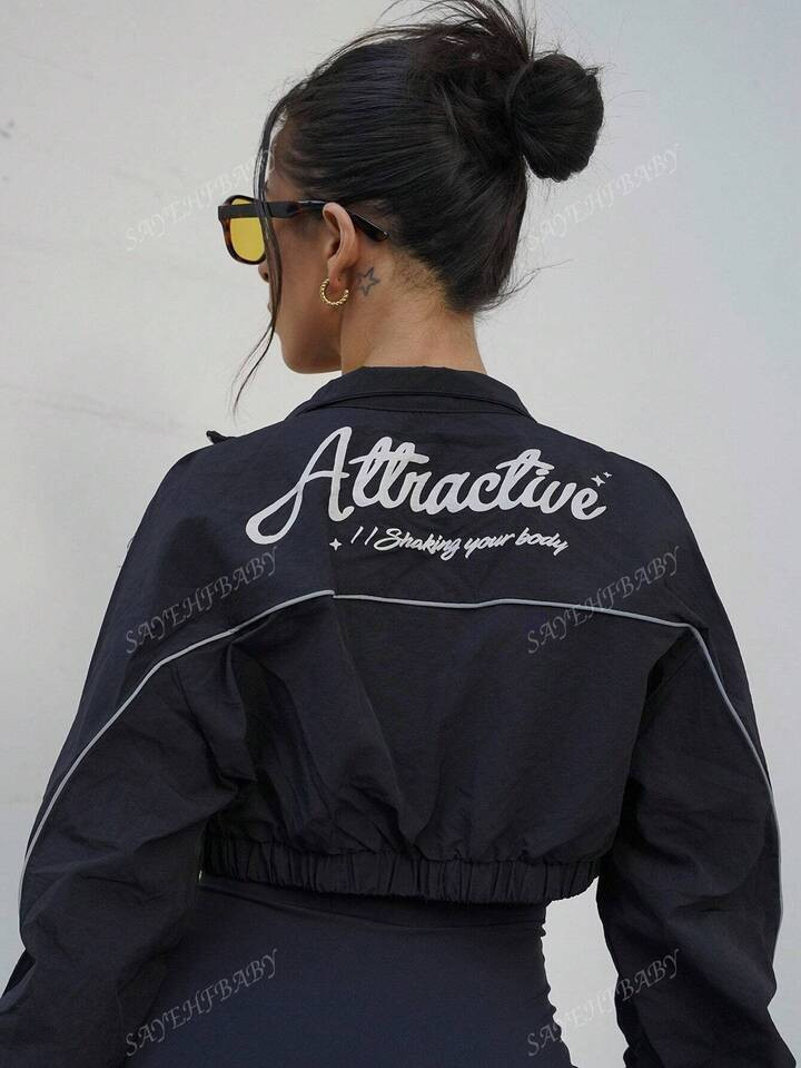 SAYEHFBABY Letter Patched Detail Contrast Piping Crop Black Fall Clothes Women Jacket | SHEIN