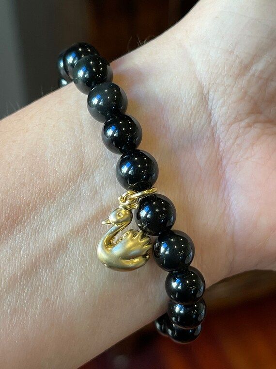 Black Obsidian Gemstone Bracelet with Swan Charm | Etsy (US)