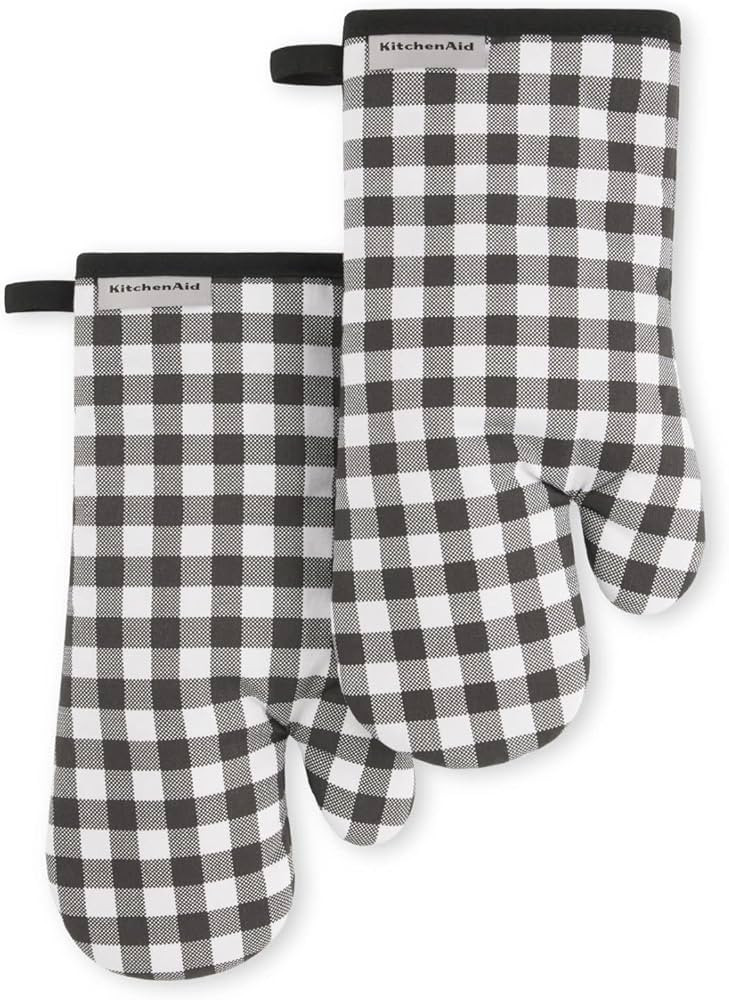 KITCHENAID Gingham Oven Mitt 2-Pack Set, Matte Black, 7"x13" | Amazon (US)