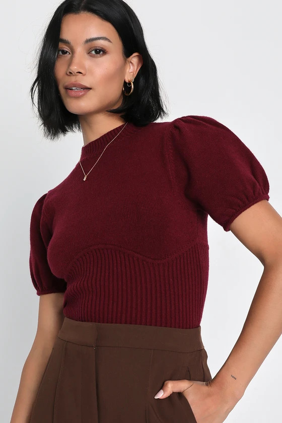 Everyone's a Winter Burgundy Puff Sleeve Seamed Sweater Top | Lulus (US)